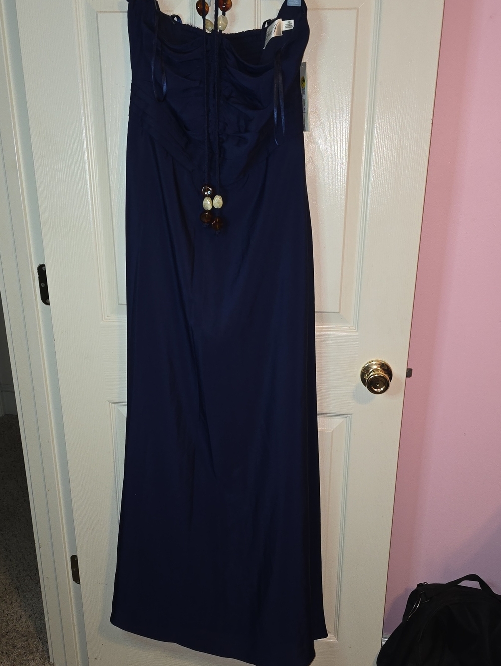 Eliza J Strapless Navy Maxi Dress with Beaded Neck Tie Tassel